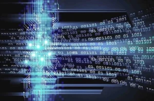 A computer screen with binary code